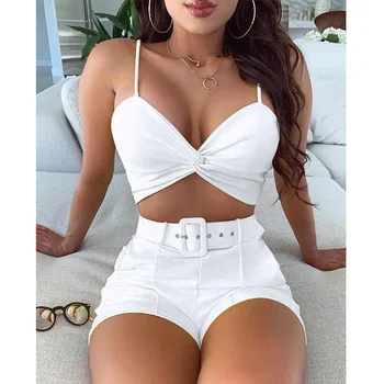

New Trendy 2 Peice Outfits for Women Summer Spaghetti Strap Twisted Top & Shorts Set