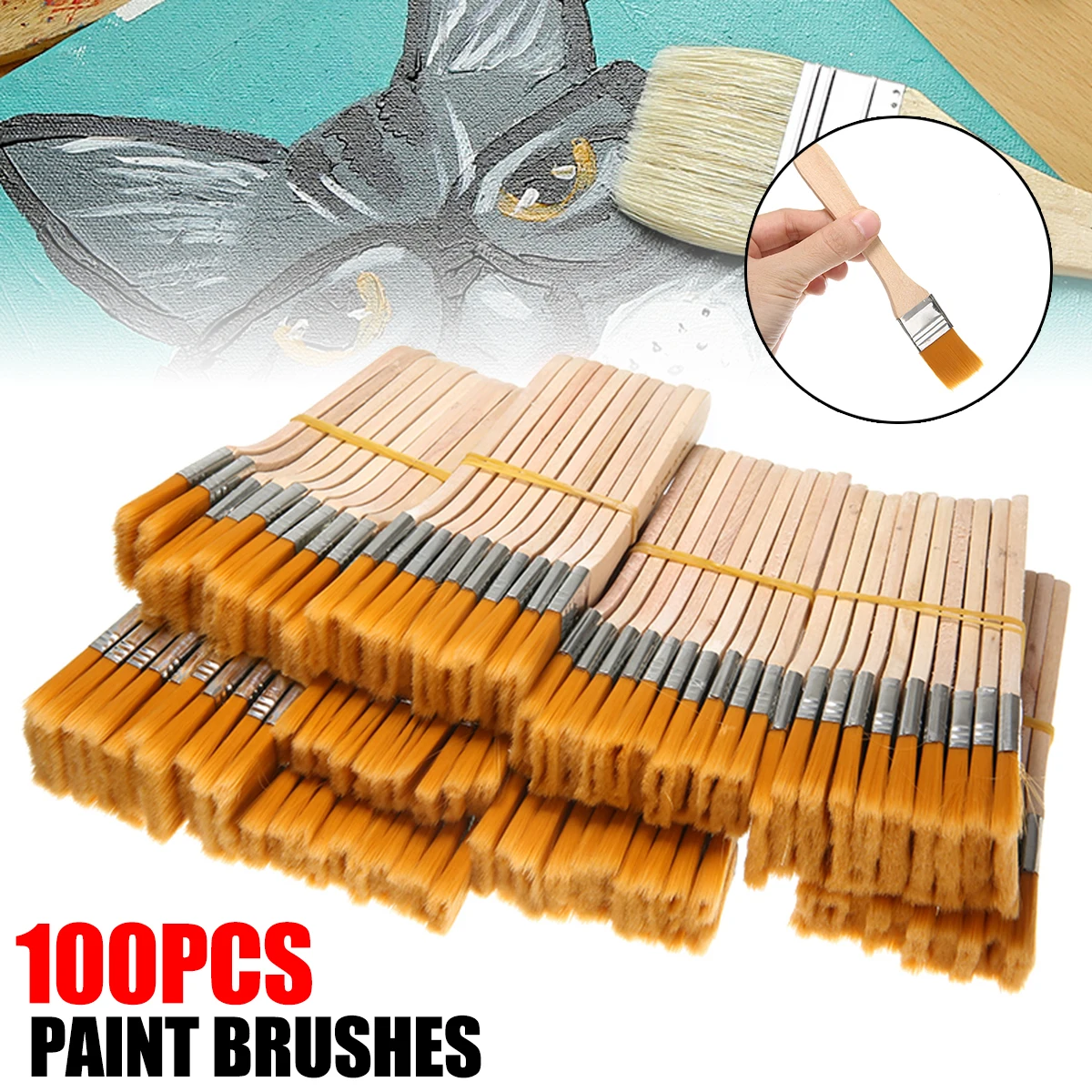 100pcs Nylon Paint Brush Different Size Wooden Handle Oil Painting Drawing Brushes for Acrylic Oil Painting School Art Supplies