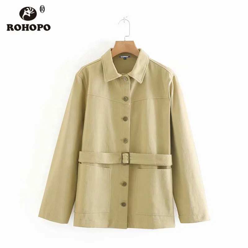 Promo  ROHOPO Woman Autumn Straight Khaki Belted Long Jacket Button Fly British Academy Solid Windbreaker 