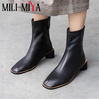 

MILI-MIYA Classic Design Women Sheep Skin Ankle Boots Zipper Solid Color Strange Heels Square Heels Plus Size 34-43 For Ladies