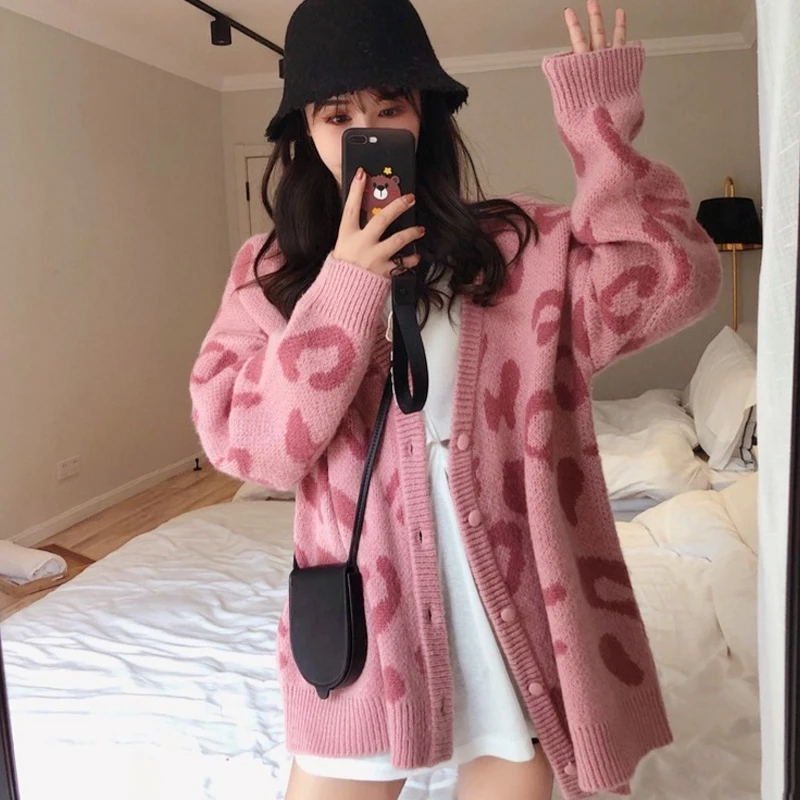 

Women Sweaters Autumn Winter 2020 Fashionable Casual Leopard V-Neck Single Breasted Puff Sleeve Loose Cardigans Coat
