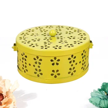 

Retro Fireproof Mosquito Coil Box with Handle Metal Hollow Out Mosquito Coil Holder Incense Burner Case (Yellow)