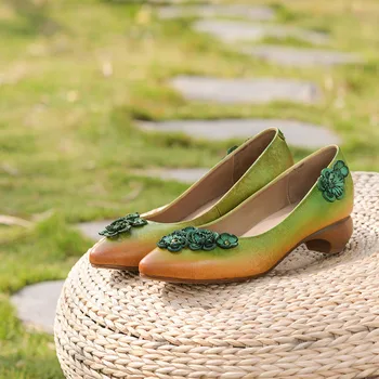 

YourSeason Female Pointed Toe Flower Retro Pumps 2020 New Spring Autumn Genuine Leather Handmade Ladies Slip On Casual Shoes