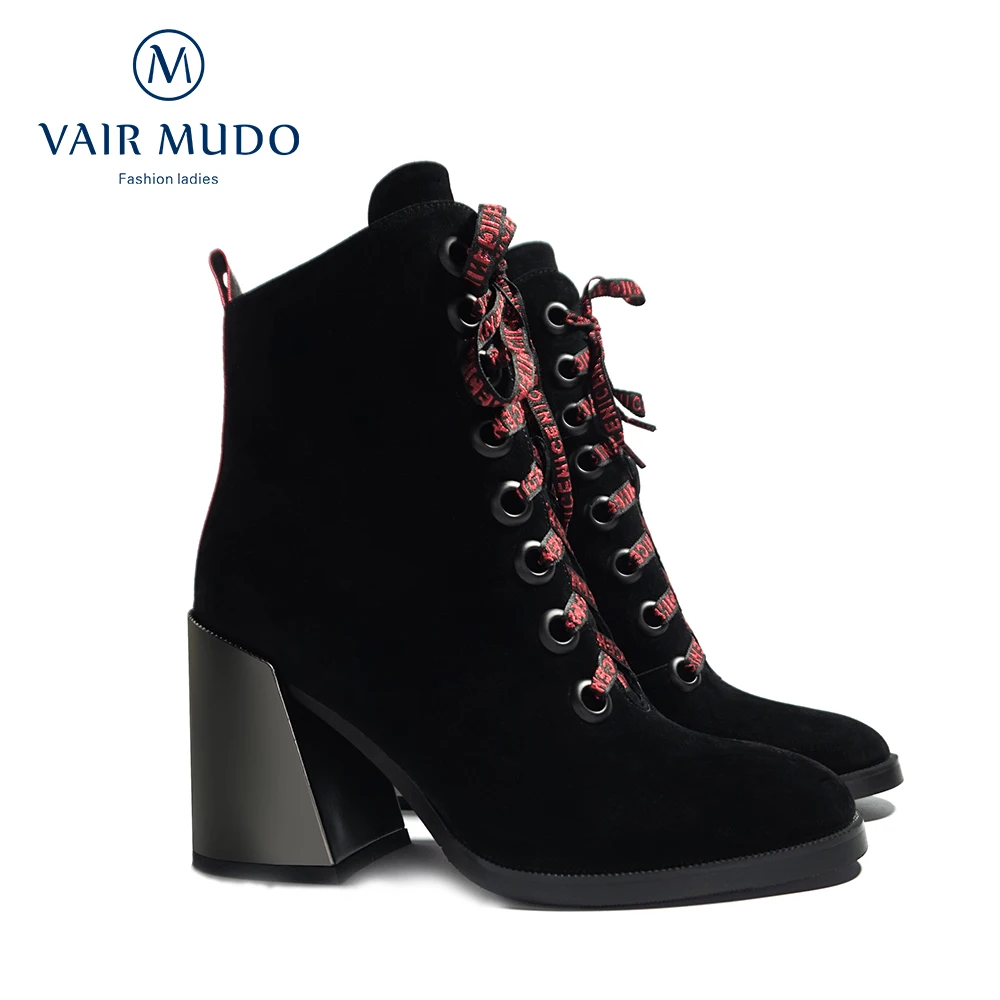 

VAIR MUDO 2020 New style Ankle Boots Fashion Thick Heels Genuine Leather Lace Up Autumn Winter Casual Shoes Women Short PlusDX49