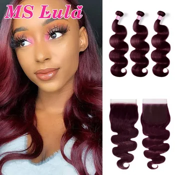 

Brazilian Body Wave Colored 99J Burgundy Bundles With Closure MS Lula Human Hair Weave Extensions Remy 3 Bundles With Closure4x4