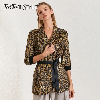 

TWOTWINSTYLE Leopard Print Blazer Coat Notched Collar Long Sleeve With Sashes Women's Suit 2020 Vintage Fahsion Clothing New