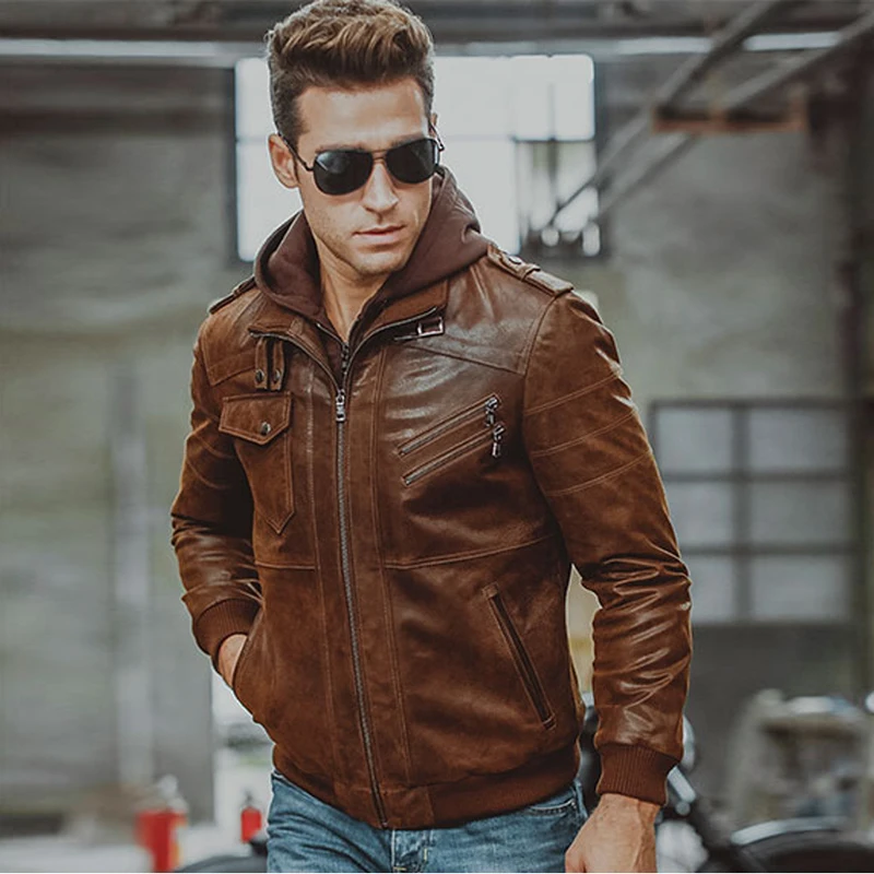  Vintage Hooded Genuine Leather Jacket and Coats Plus Size XXXL Autos Biker Mans Real Leather Jacket