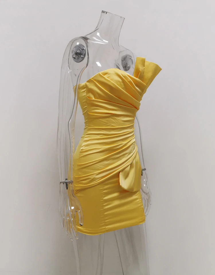Karlofea, сексуальные вечерние платья без бретелек, женское желтое осеннее сатиновое мини-платье с запахом, Двухслойное, Клубная, Ночная одежда, элегантное, Vestidos