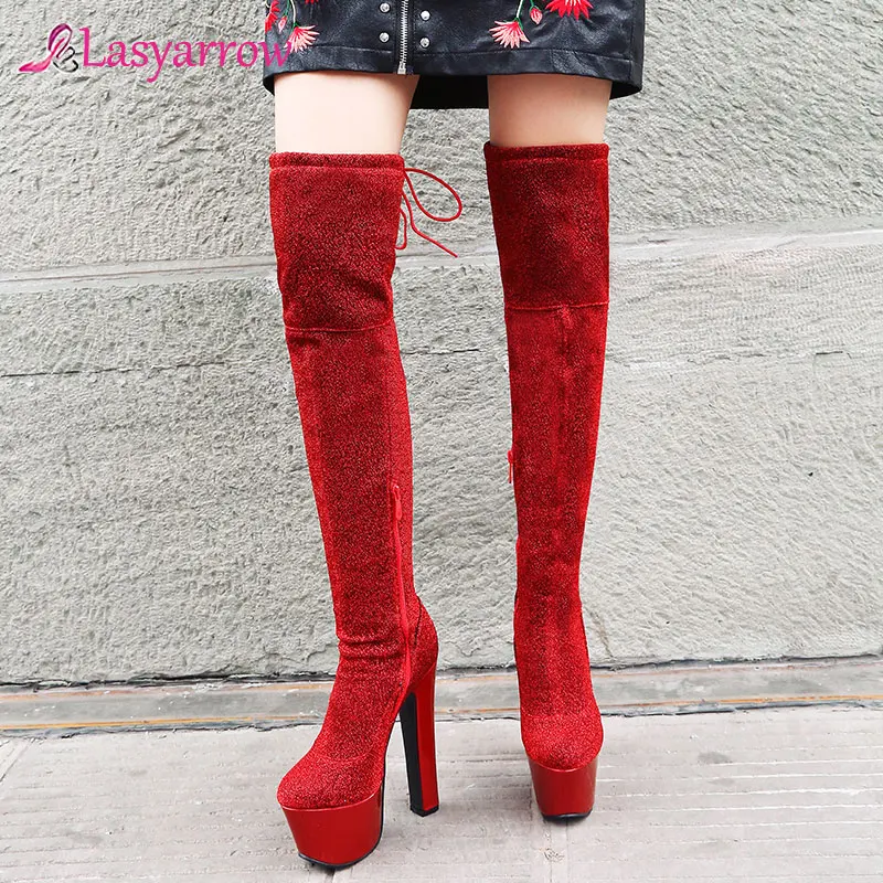 Lasyarrow zapatos de plataforma elegantes para mujer, botas plateadas por  encima de la rodilla, botas altas de tacón grueso, talla grande|Botas sobre  la rodilla| - AliExpress