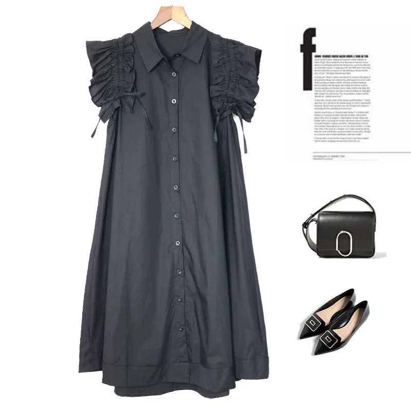 

Women Sweet Lapel Black White Midi Dress Short Sleeve Pleated Short Sleeve Female Casual Dresses Stylish Shirt Vestido SA246S50