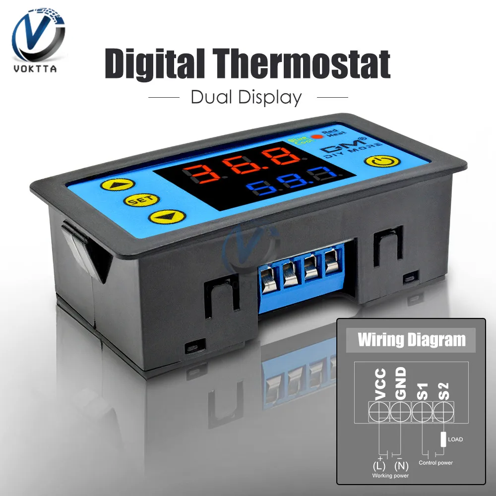 W3231 AC 110-220V DC 12V 24V термометр контроллер температуры цифровой светодиодный двойной дисплей красно-синий термостат с проводом зонда NTC