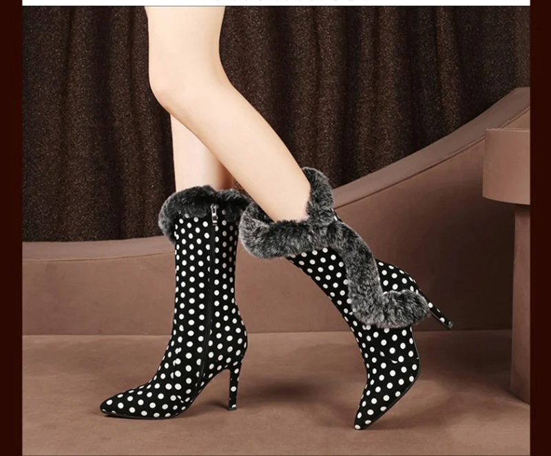 shoes big size plaid pointed toe mid calf 10 black and white stiletto side zip boots high heel women polka dot sheepskin luxury