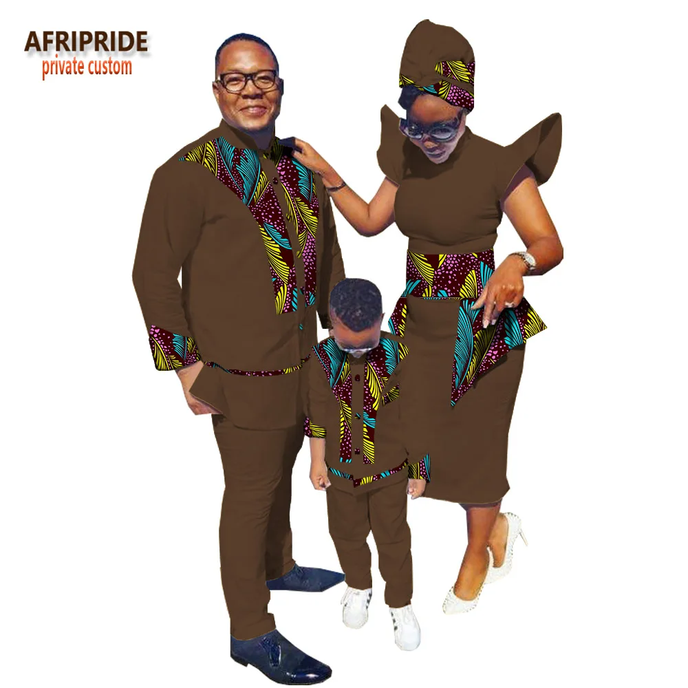 Семейная одежда с принтом в африканском стиле AFRIPRIDE, мужской костюм+ женское платье до середины икры с платьем и шарфом+ костюм для мальчиков Семейный комплект, A18F001