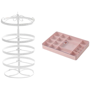 

Multi-Lattice Jewelry Box Makeup Storage Necklace Travel Box Pink & 4 Tiers Metal Rotating Earring Hanger, 168 Holes