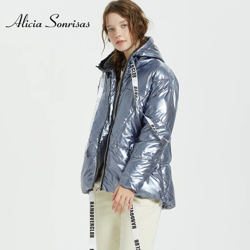 Женская зимняя куртка, новая водонепроницаемая парка с хлопковой подкладкой, Блестящая серебряная куртка с капюшоном, большой размер, теплая Толстая куртка с лентами, 6 цветов
