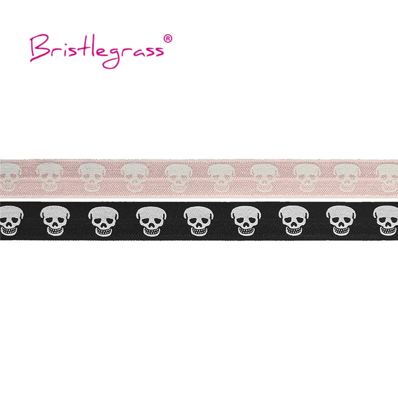 

BRISTLEGRASS Wholesale 50 Yard 5/8" 15mm White Skull Print Fold Over Elastics FOE Spandex Satin Band Headbands Tutu Dress Sewing