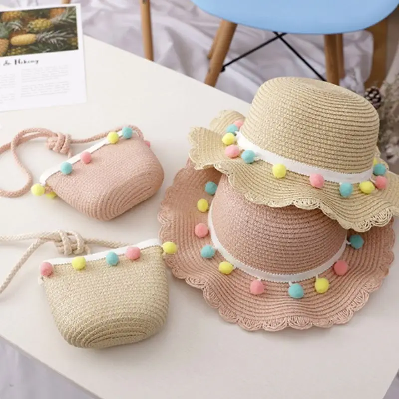 Детская Соломенная пляжная шляпа с большими широкими полями для девочек, пляжная шляпа с разноцветными помпонами, летняя кепка с гибкими полями, переносная сумочка