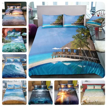 

Holiday Theme US Size Duvet Cover Set Tree Sea Beach Bed Linen Blue Vacation Holiday Bedclothes Hotel Set Fish Bedding Sunset 3D