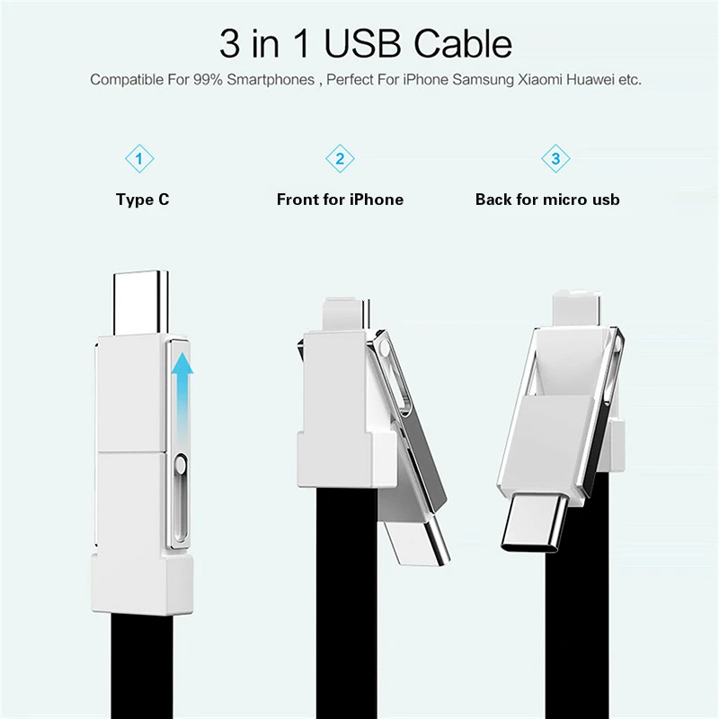 100 шт. короткий брелок USB Магнитный кабель 3 в 1 Micro usb type C 8pin Кабельный адаптер для Iphone samsung huawei Usb-c зарядный шнур