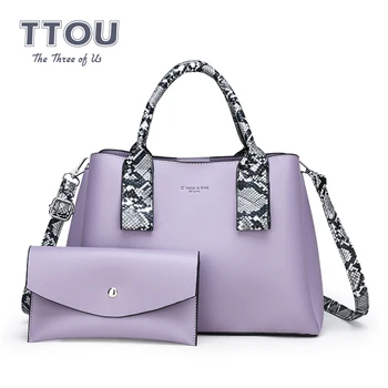 

2Pcs/Sets Snake Print Handle Women Handbags Quality Leather Large Capacity Basg Designer Female Compsite Tote Handbags