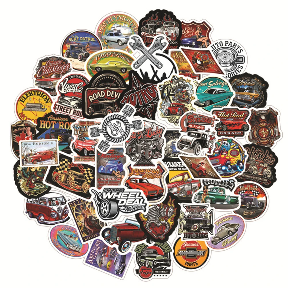 50pcs Hotrod Vintage Car Stickers For Laptop Notebook SiutCase Scrapbooking Material Christmas Sticker Craft Supplies