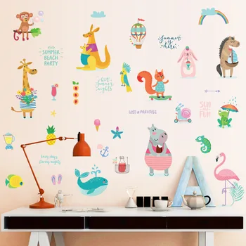 

Summer Beach Paty Cartoon Animals Balloon Monkey Wall Stickers DIY Children Mural Decals For Kids Rooms Wardrobe Door Decoration