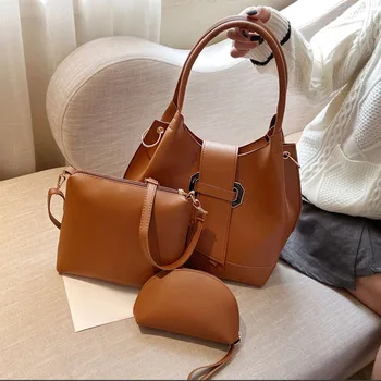 

3 Piece Set PU Women Handbag Large Capacity Ladies Shoulder Bucket Bag Fashion Women Handbag Khaki