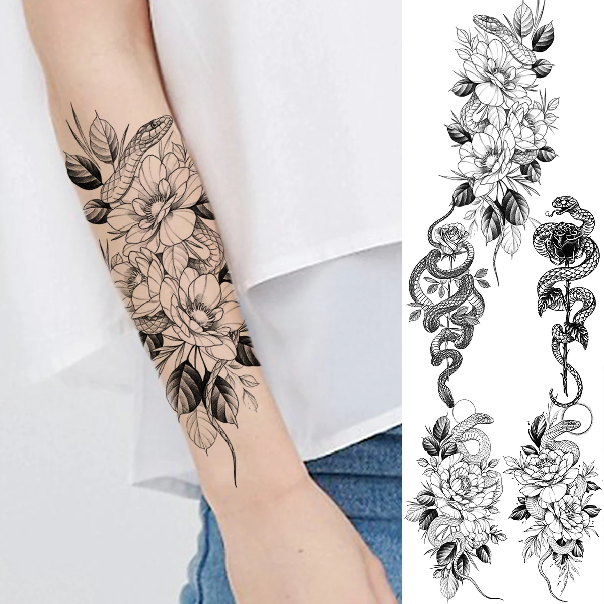 

Black Peony Flower Snake Temporary Tattoos For Women Adult Girl Rose Serpent Fake Tattoo Waterproof Half Sleeve Tatoos Decal