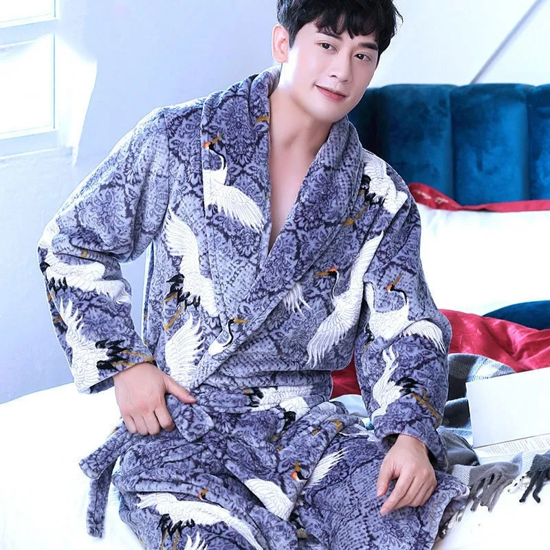 cheap pajama pants Flannel Dragon Crane Men Kimono Bathrobe Gown Casual Nightwear Winter Thick Warm Sleepwear Nightgown Plus Size Loose Homewear mens sleepwear set