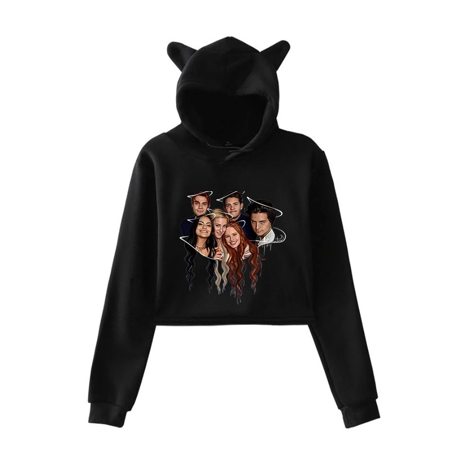 Модные осенние толстовки с изображением ривердейла для женщин Kawaii Pop Crop Top, худи с кошачьими ушами, толстовка с капюшоном для женщин и девочек, повседневные Черные Пуловеры