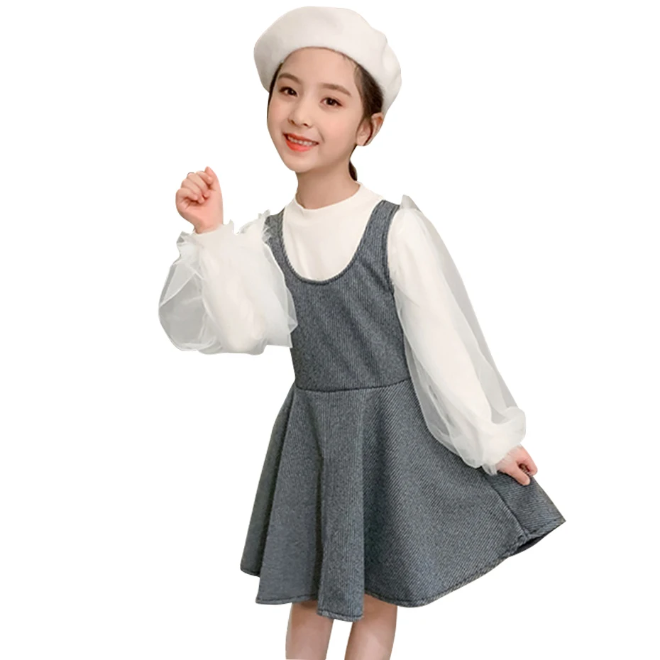 Kids Clothes Blouse + Dress Children's For Girls Mesh Set Puff Sleeve Clothing 6 8 10 12 14 | Мать и ребенок