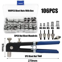 106 pçs mão rebitador porca rebite gun kit m3/m4/m5/m6/m8 manual rosqueado porca rive ferramenta de aço inoxidável ferramentas reparo do agregado familiar