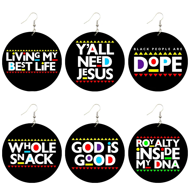SOMESOORBlackDopeAfricanWoodenDropEarringsJesusGodIsGoodInspiredSayingsPrinted