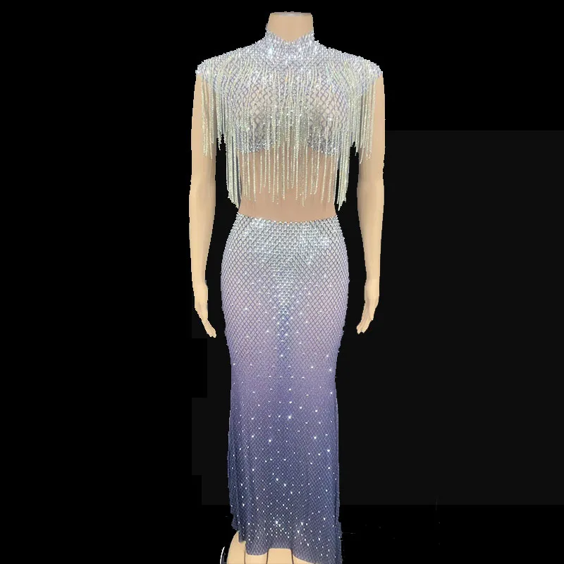 

Rhinestone Mesh long skirt Design Long Dress Women Singer Ballerina Stretch Dress Party Prom Bar Birthday Dress Sexy Clothing