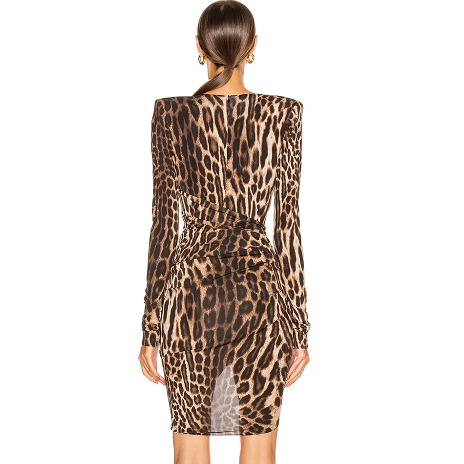 Осеннее Новое Женское леопардовое платье с длинным рукавом и v-образным вырезом, плиссированное платье с разрезом, облегающее Клубное платье для вечеринки vestidos