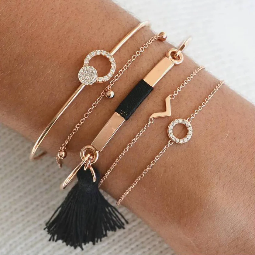 

Bohemia bangle round circle crystal chain Bracelet with alloy cotton for Women chain link bracelet Charm Jewelry Accessories