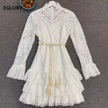 

Elegant Lace Dress 2019 Autumn Sexy Club Women Ruffled Collar Tassel String Patchwork Cascading Ruffle Lace Long Sleeve Dress