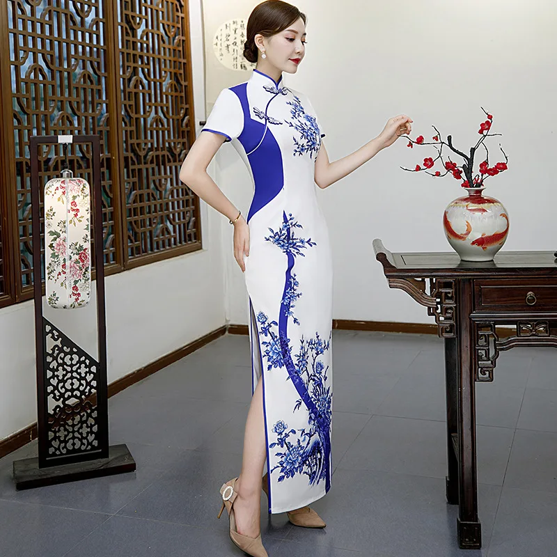 Плюс размер 4XL 5XL белый синий китайский винтажный Печатный женский Qipao Мода ручной работы Кнопка Cheongsam Новинка китайское торжественное