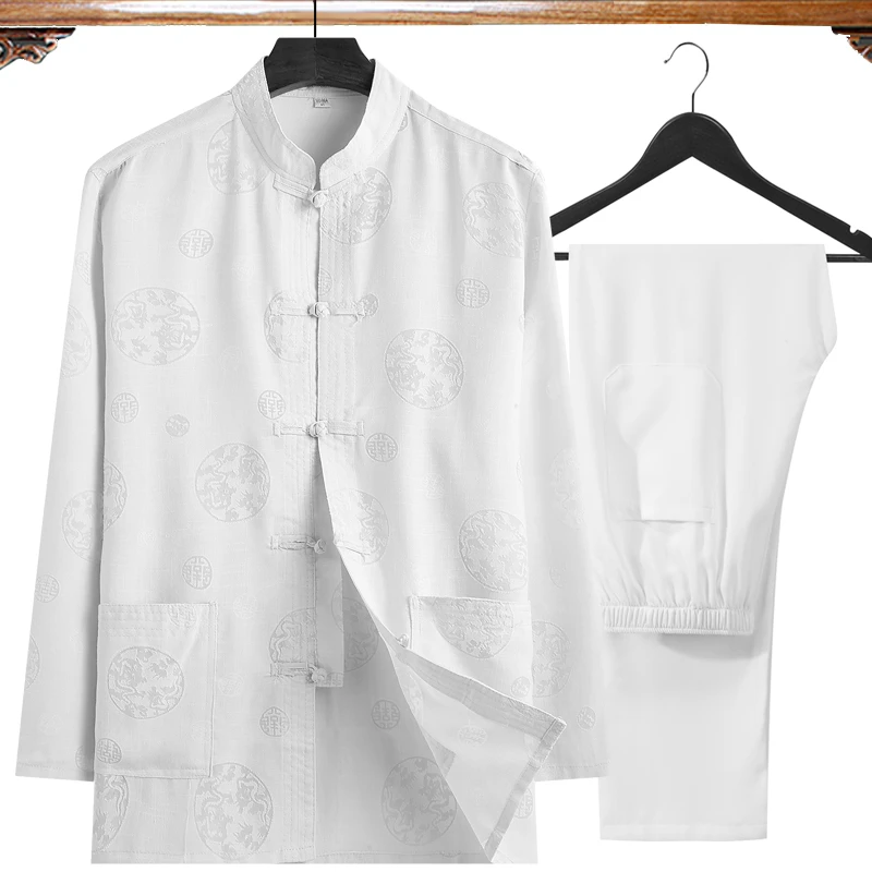 white 2 Плюс размер 4XL(рубашка с длинными рукавами+ брюки) хлопок лен 2 шт./компл. для мужчин кунг-фу тай-чи костюм l классический Шу одежда для отца - Цвет: white 2
