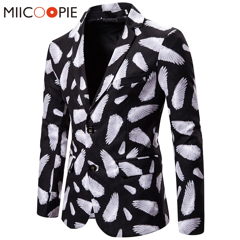 Angel Wings Printed Black Blazers Men Euro Size Slim Fit Mens Casual Blazer Jacket Wedding Formal Chaqueta Americana Hombre XXL