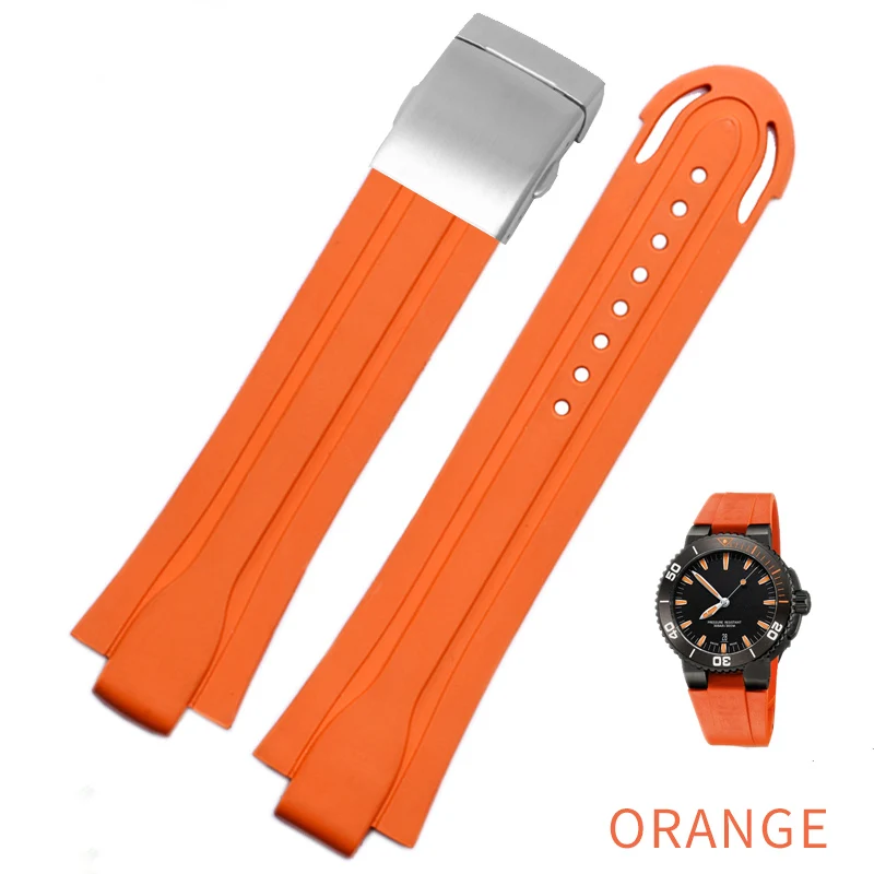 Shengmeirui выпуклые интерфейс Дайвинг Силиконовый каучуковый ремешок для ORIS AQUIS серии 0173/7730/7740 мужские спортивные часы ремень - Цвет ремешка: Orange  silver clasp