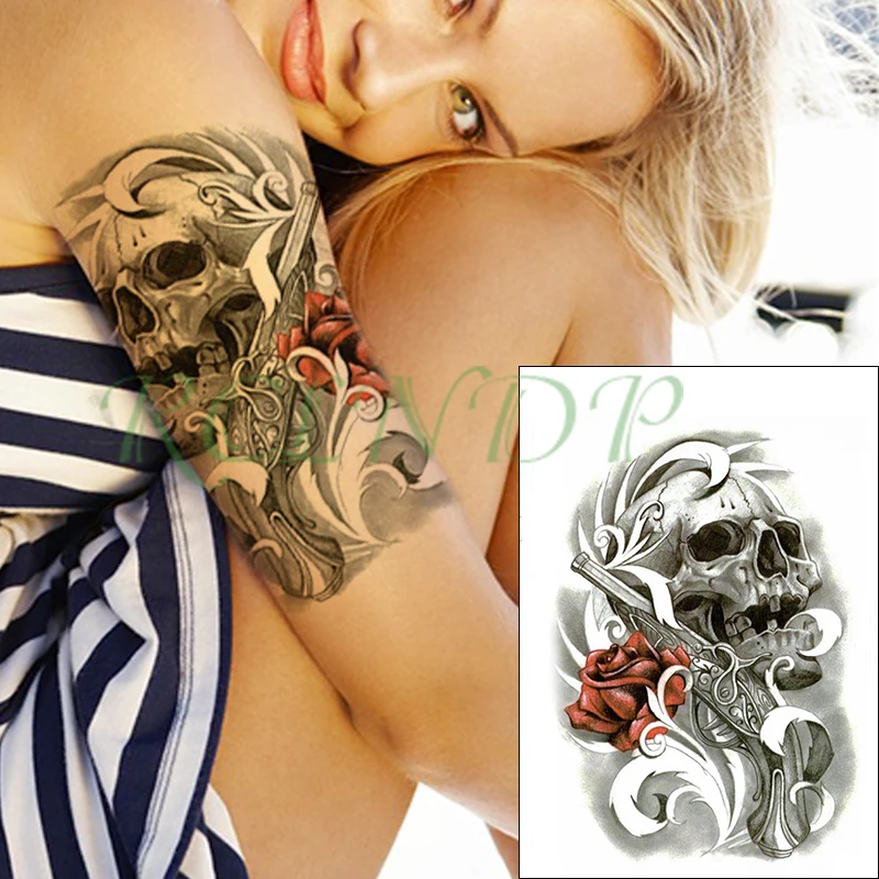 Waterproof Temporary Tattoo Sticker skull head gun red rose flower Fake Tatto Flash Tatoo big size tattoos for kid Women Men