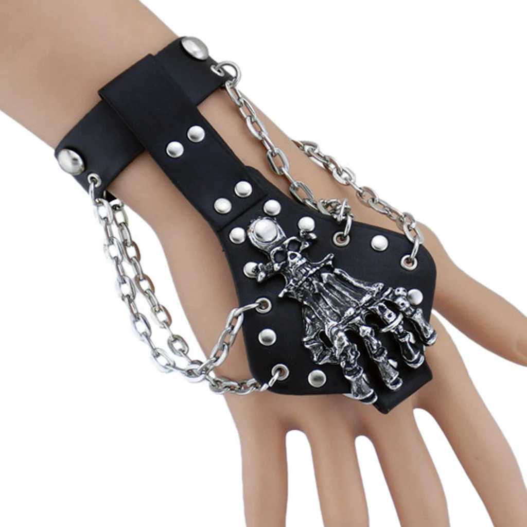kort Oxide verkiezing Mens Black Leather Slave Armband Link Chain Skelet Vinger Ring Manchet  Wrap|Manchet Armbanden| - AliExpress