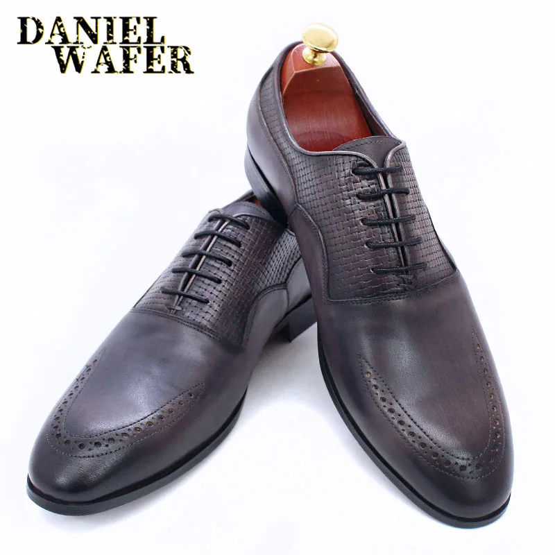LUXURY MEN'S OXFORD GENUINE LEATHER MEN DRESS SHOE BLACK GRAY PRINTS HANDMADE SHOES LACE UP WEDDING OFFICE FORMAL | Обувь
