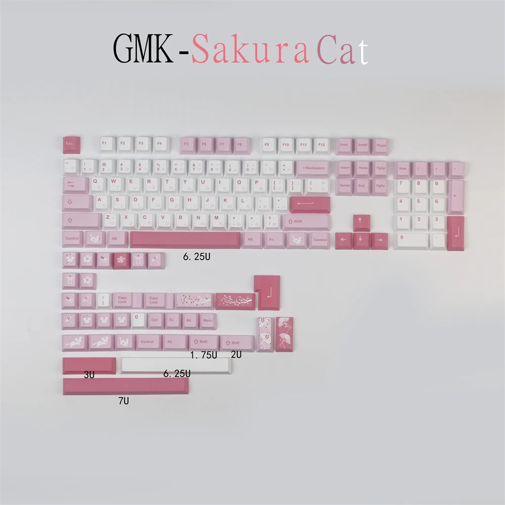 Teclado Mecânico Keycaps Gmk Sakura Cat 140 Chaves Cereja Pbt Dye-sublimação Keycap com 1.25u 1.75u 2u Shift 7u Space Bar