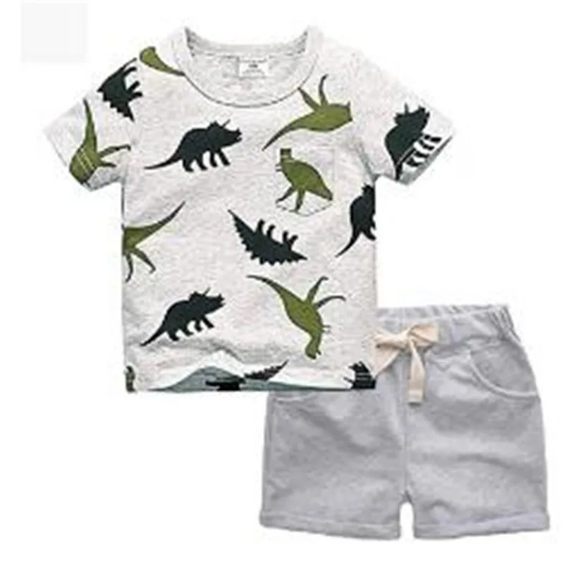 Серый Летний комплект одежды для маленьких мальчиков 1-4 лет, футболка с принтом динозавра для мальчиков, комплект с короткими штанами, Детские комплекты, Детский комплект, костюм для маленьких мальчиков - Цвет: Серый