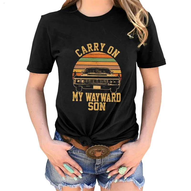 Женская Винтажная Футболка с принтом надписью Carry on My Wayward Son белая футболка