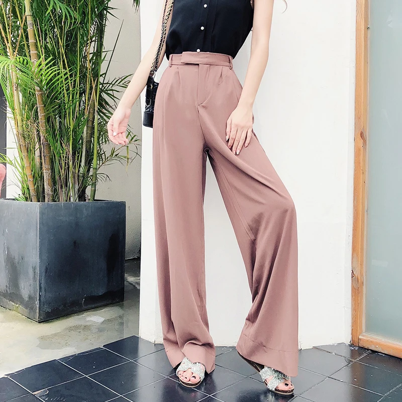 CHICEVER Korean Style Solid Women's Wide Leg Pants High Waist Ruched Maxi Pants Female Autumn Fashion Casual Clothing New