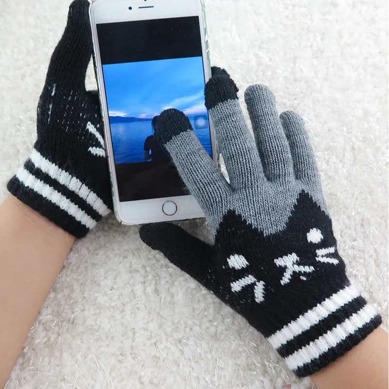 M MISM новые зимние теплые вязаные перчатки для женщин, мужчин, милая кошачья морда, шерсть, бархат, утолщенные, полный пальцы, экран, чувство, унисекс, варежки