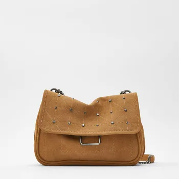 

Handbags 2020 New Brown Swede Leather Cowhide Riveting Nail Shoulder/Crossbody Bag